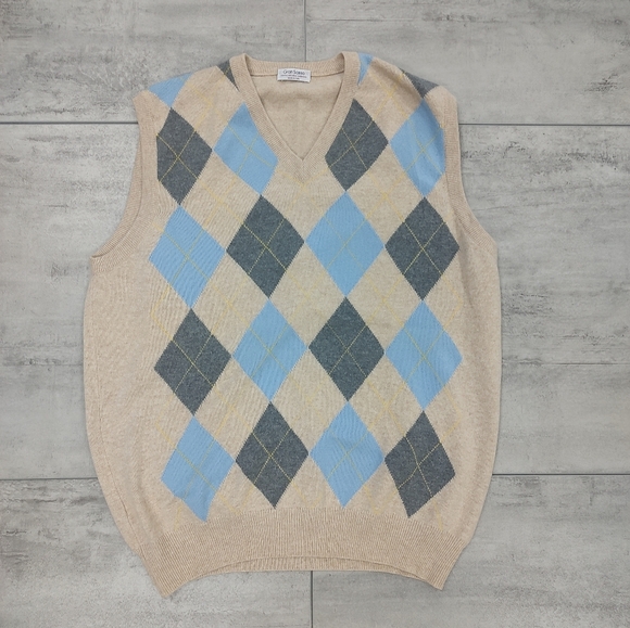 Gran Sasso Mens Wool Cashmere Tan Blue Argyle V neck Sweater Vest XL - Picture 1 of 9
